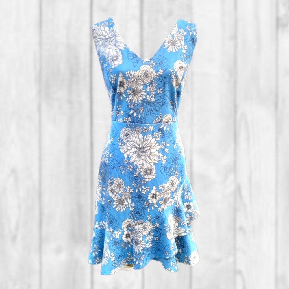 MaiTai Blue Floral V-Neck Ruffle Midi Dress (3X)